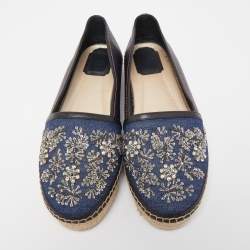 Pre Owned Dior Blue Leather and Canvas Crystal Embellished Flat Espadrilles Size 39.5