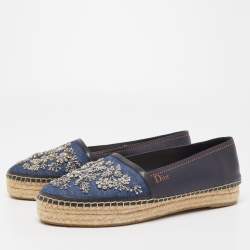 Pre Owned Dior Blue Leather and Canvas Crystal Embellished Flat Espadrilles Size 39.5