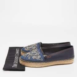 Pre Owned Dior Blue Leather and Canvas Crystal Embellished Flat Espadrilles Size 39.5