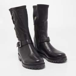 Pre Owned Dior Black Leather Maniac Moto Boots Size 36