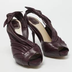 Pre Owned Dior Burgundy Pleated Leather Bow Peep Toe Slingback Pumps Size 40