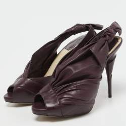 Pre Owned Dior Burgundy Pleated Leather Bow Peep Toe Slingback Pumps Size 40