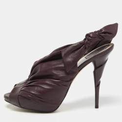 Pre Owned Dior Burgundy Pleated Leather Bow Peep Toe Slingback Pumps Size 40