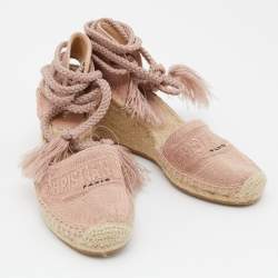 Dior Pink Logo Embroidered Canvas Granville Ankle Tie Wedge Espadrilles Size 38