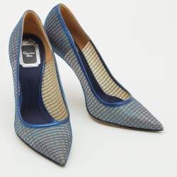 Dior Metallic Blue Mesh and Leather Pointed Toe Pumps Size 38