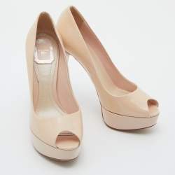 Christian Dior Beige Patent Leather Peep Toe Platform Pumps Size 38