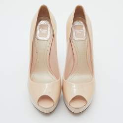 Christian Dior Beige Patent Leather Peep Toe Platform Pumps Size 38