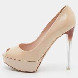 Christian Dior Beige Patent Leather Peep Toe Platform Pumps Size 38