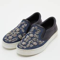 Pre Owned Dior Blue/Black Denim and Leather Happy Crystals Slip On Sneakers Size 37.5