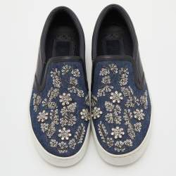 Pre Owned Dior Blue/Black Denim and Leather Happy Crystals Slip On Sneakers Size 37.5