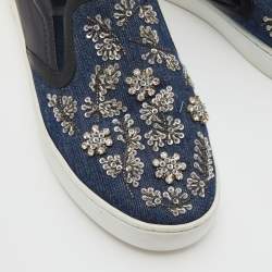 Pre Owned Dior Blue/Black Denim and Leather Happy Crystals Slip On Sneakers Size 37.5