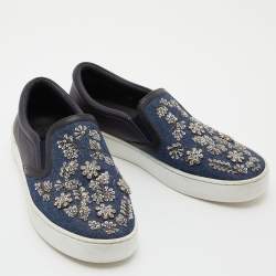 Pre Owned Dior Blue/Black Denim and Leather Happy Crystals Slip On Sneakers Size 37.5