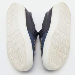 Pre Owned Dior Blue/Black Denim and Leather Happy Crystals Slip On Sneakers Size 37.5