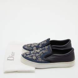 Pre Owned Dior Blue/Black Denim and Leather Happy Crystals Slip On Sneakers Size 37.5