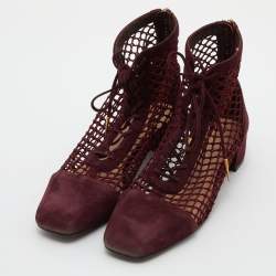 Pre Owned Dior Burgundy Suede and Fishnet Naughtily-D Ankle Boots Size 38