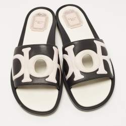 Pre Owned Dior Black Leather Marina Flat Slides Size 39