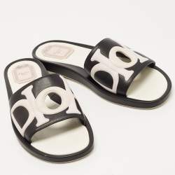 Pre Owned Dior Black Leather Marina Flat Slides Size 39