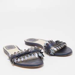 Pre Owned Dior Metallic Blue Leather Flat Slides Size 39