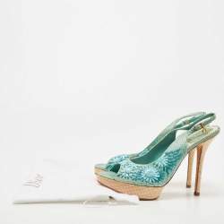 Pre Owned Dior Blue Snakeskin Leather and Floral Straw Logo Charm Slingback Peep Toe Sandals Size 40.5