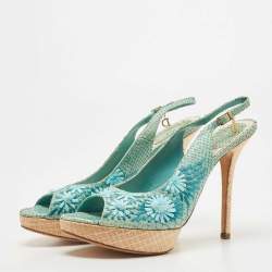 Pre Owned Dior Blue Snakeskin Leather and Floral Straw Logo Charm Slingback Peep Toe Sandals Size 40.5
