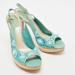 Pre Owned Dior Blue Snakeskin Leather and Floral Straw Logo Charm Slingback Peep Toe Sandals Size 40.5