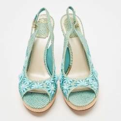 Pre Owned Dior Blue Snakeskin Leather and Floral Straw Logo Charm Slingback Peep Toe Sandals Size 40.5