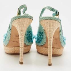Pre Owned Dior Blue Snakeskin Leather and Floral Straw Logo Charm Slingback Peep Toe Sandals Size 40.5