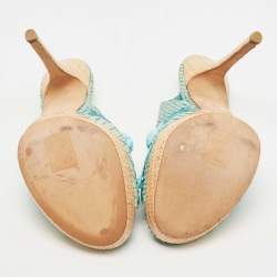 Pre Owned Dior Blue Snakeskin Leather and Floral Straw Logo Charm Slingback Peep Toe Sandals Size 40.5