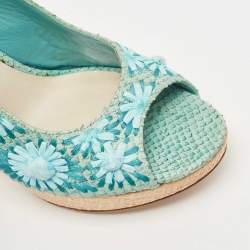 Pre Owned Dior Blue Snakeskin Leather and Floral Straw Logo Charm Slingback Peep Toe Sandals Size 40.5