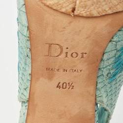 Pre Owned Dior Blue Snakeskin Leather and Floral Straw Logo Charm Slingback Peep Toe Sandals Size 40.5