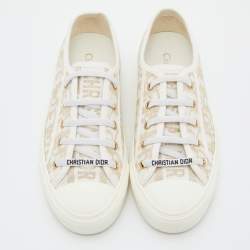 Pre Owned Dior White/Gold Oblique Canvas Walk'n'Dior Sneakers Size 38.5