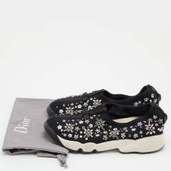 Pre Owned Dior Black Crystal Embellished Mesh Fusion Slip-On Sneakers Size 36