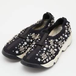 Pre Owned Dior Black Crystal Embellished Mesh Fusion Slip-On Sneakers Size 36