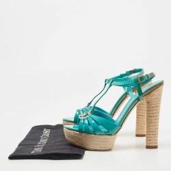 Pre Owned Dior Turquoise Patent Leather CD Buckle Espadrille Platform Strappy Sandals Size 37