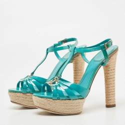 Pre Owned Dior Turquoise Patent Leather CD Buckle Espadrille Platform Strappy Sandals Size 37