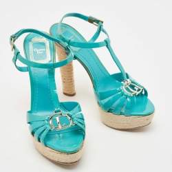 Pre Owned Dior Turquoise Patent Leather CD Buckle Espadrille Platform Strappy Sandals Size 37