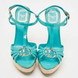 Pre Owned Dior Turquoise Patent Leather CD Buckle Espadrille Platform Strappy Sandals Size 37