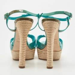 Pre Owned Dior Turquoise Patent Leather CD Buckle Espadrille Platform Strappy Sandals Size 37