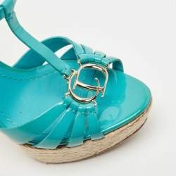 Pre Owned Dior Turquoise Patent Leather CD Buckle Espadrille Platform Strappy Sandals Size 37