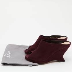 Pre Owned Dior Burgundy Suede Wedge Peep Toe Mules Size 38
