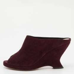 Pre Owned Dior Burgundy Suede Wedge Peep Toe Mules Size 38