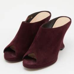 Pre Owned Dior Burgundy Suede Wedge Peep Toe Mules Size 38