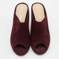 Pre Owned Dior Burgundy Suede Wedge Peep Toe Mules Size 38