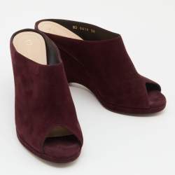 Pre Owned Dior Burgundy Suede Wedge Peep Toe Mules Size 38