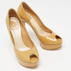 Christian Dior Beige Patent Leather Peep Toe Platform Pumps Size 39