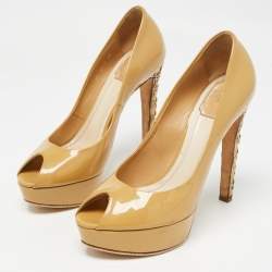 Christian Dior Beige Patent Leather Peep Toe Platform Pumps Size 39