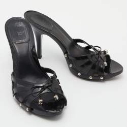 Dior Black Patent Leather Bow Strappy Slide Sandals Size 39