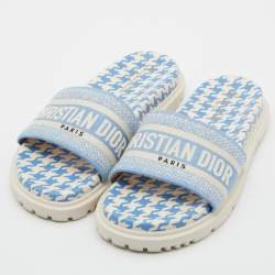 Pre Owned Dior Blue/White Canvas Dway Flat Slides Size 38