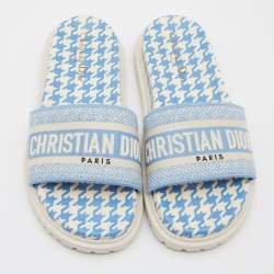 Pre Owned Dior Blue/White Canvas Dway Flat Slides Size 38