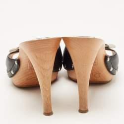 Pre Owned Dior Black Leather Lock Charm Wooden Clogs Size 40.5